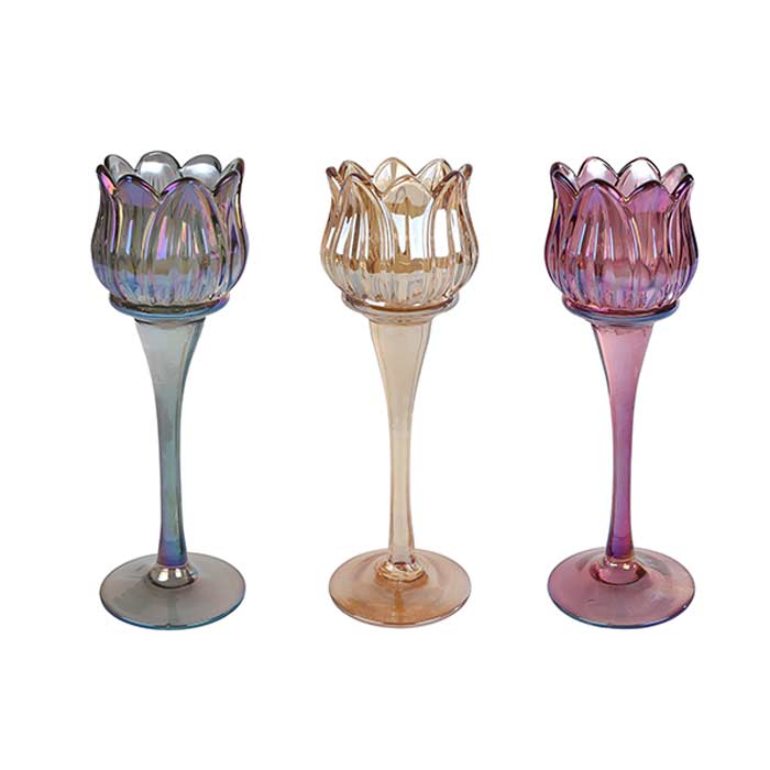 Portacandela Glass Flower Iridescente - 3 Col Ass